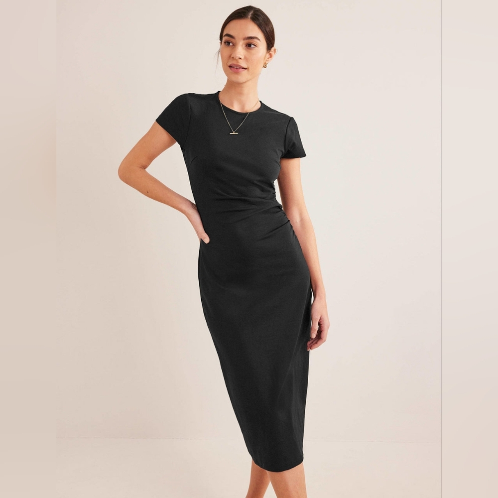 Boden Side Ruched Jersey Midi Dress Black Size 16